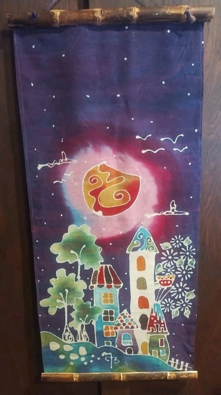 Vintage Purple BATIK Wall Hanging Tapestry Bamboo Hangers 27x43" Colorful